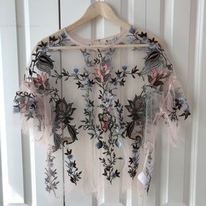 Sheer Floral Embroidered Blouse with Ruffle Sleeve